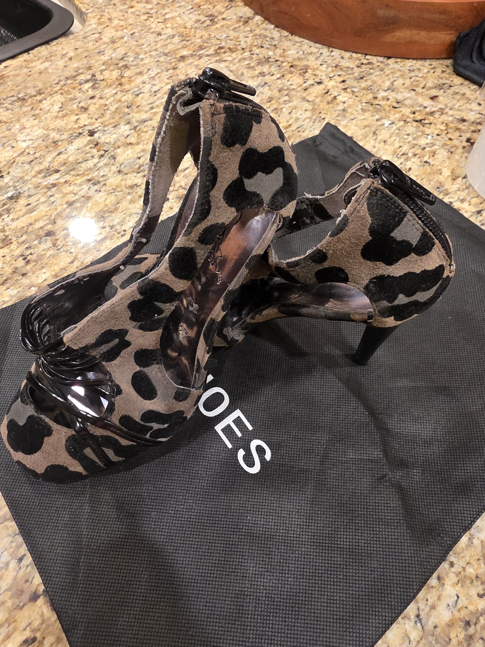 Carlos SANTANA Leopard Print Peep-Toe Heels in Brown and Black